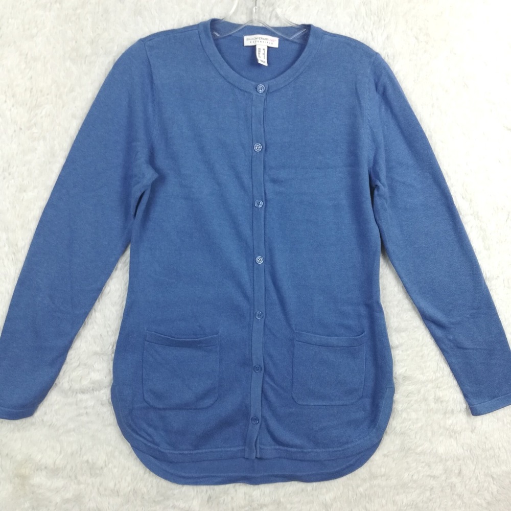 Isaac Mizrahi Live Womens Sweater Cardigan Button Up Blue Round Hem Split XS